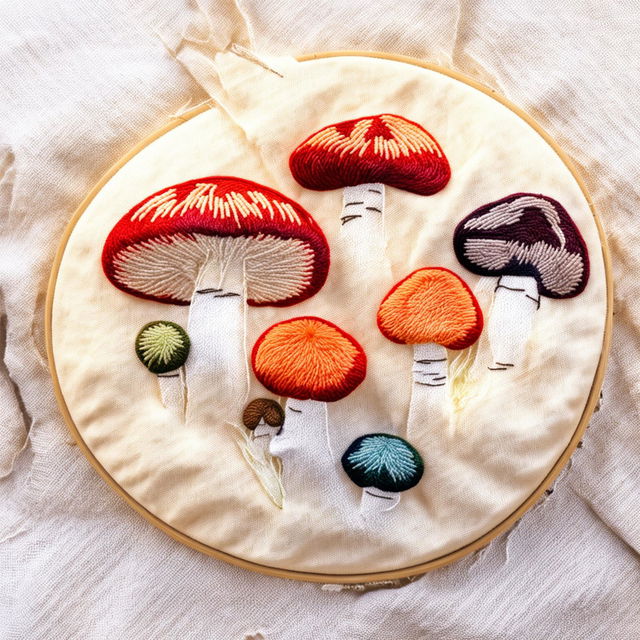 This image features a new variation of mushroom embroidery on a hoop, showcasing different species of mushrooms in a variety of colors against a neutral ivory background