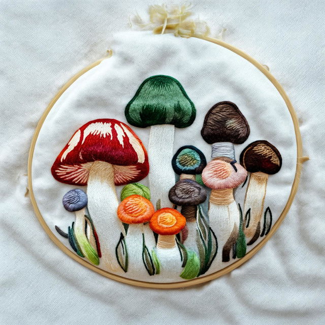 This image introduces another version of mushroom embroidery on a hoop, featuring a variety of mushrooms in different shapes, sizes, and colors against a subtle off-white background