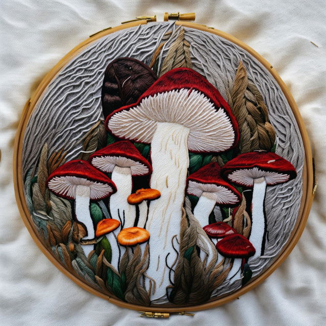 A detailed image of an embroidery hoop with a vibrant, intricate mushroom design