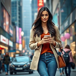 A realistic and beautiful woman around 40 years old of European descent, with long dark hair, dressed in stylish everyday clothes