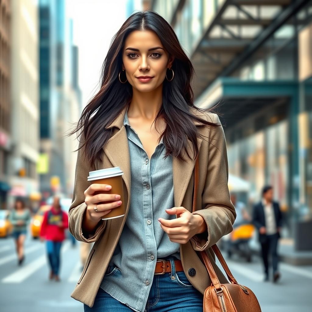 A realistic and beautiful woman around 40 years old of European descent, with long dark hair, dressed in stylish everyday clothes