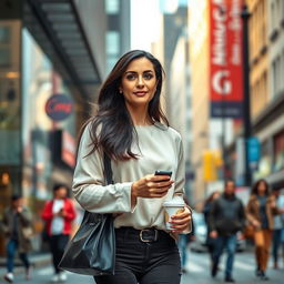 A realistic and beautiful woman around 40 years old of European descent, with long dark hair, dressed in stylish everyday clothes