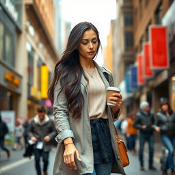 A realistic and beautiful woman around 40 years old of European descent, with long dark hair, dressed in stylish everyday clothes