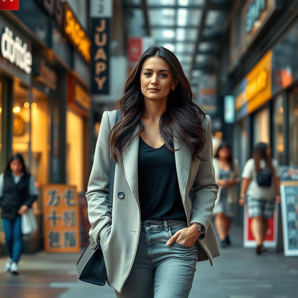A realistic woman around 40 years old of European descent, featuring long dark hair, dressed in chic everyday attire