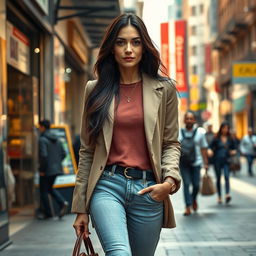 A realistic woman around 40 years old of European descent, featuring long dark hair, dressed in chic everyday attire
