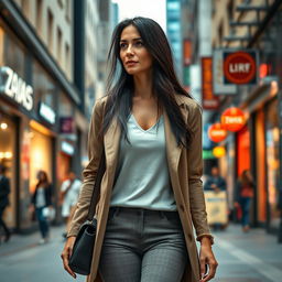 A realistic woman around 40 years old of European descent, featuring long dark hair, dressed in chic everyday attire