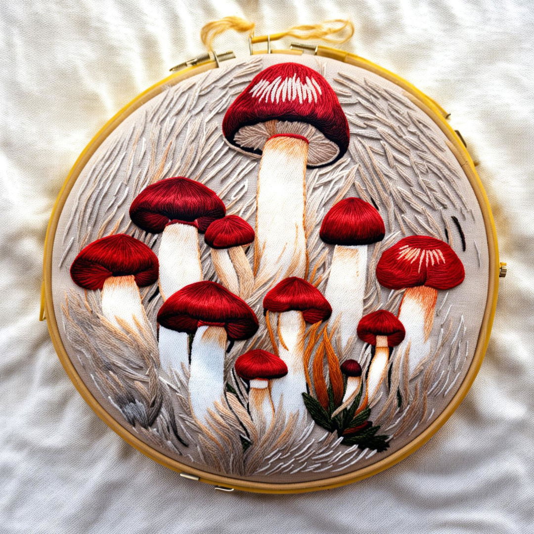 A vivid image of an embroidery hoop displaying a remarkably intricate mushroom design