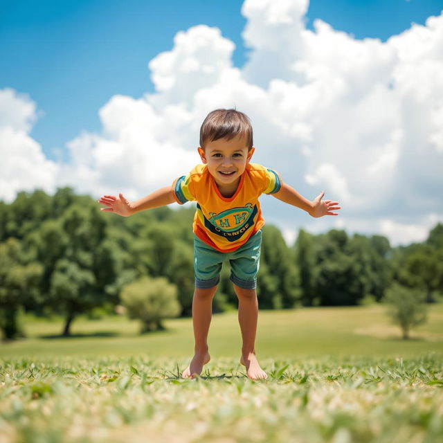 A boy standing on his hands, facing directly towards the camera with a playful expression