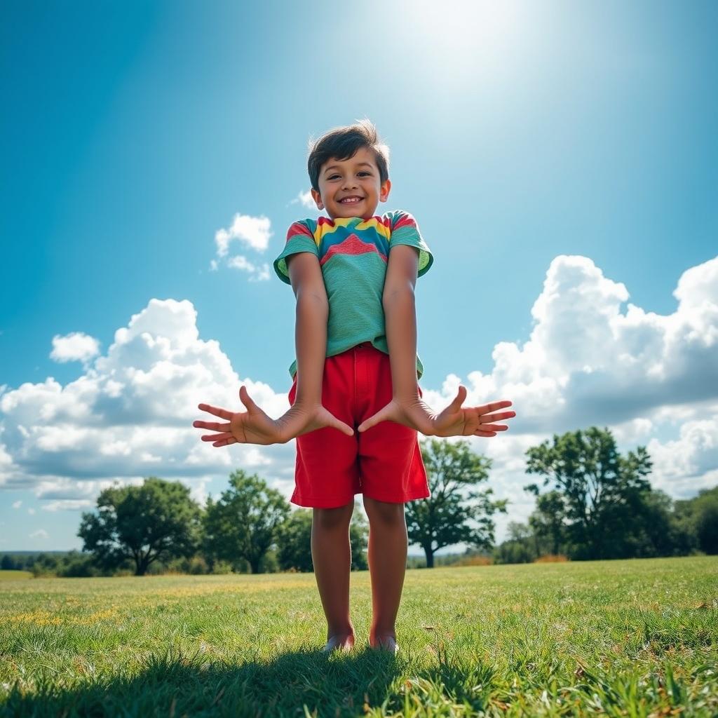 A boy standing on his hands, facing directly towards the camera with a playful expression