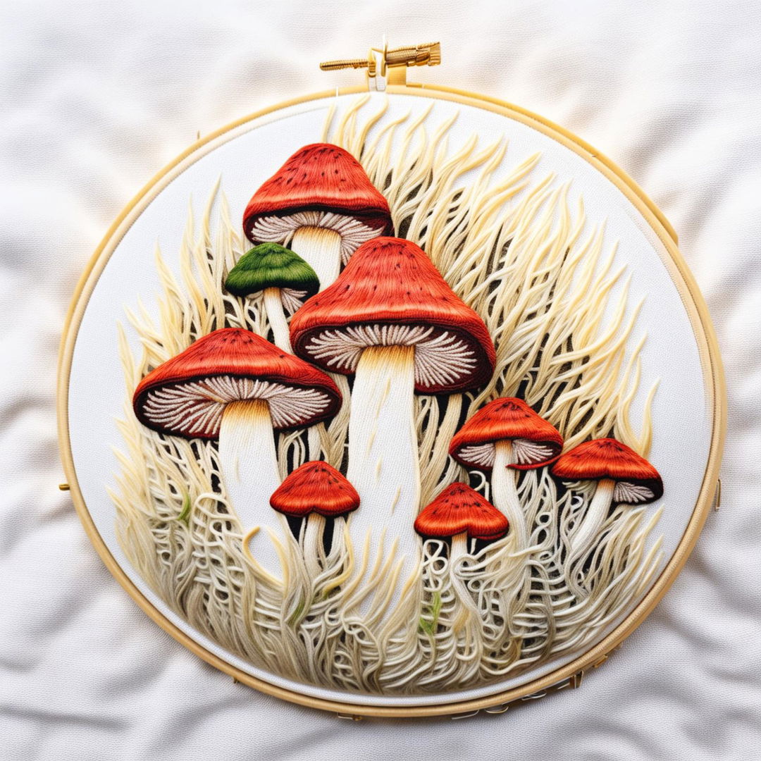 A high-resolution image of an embroidery hoop with a meticulously detailed mushroom design