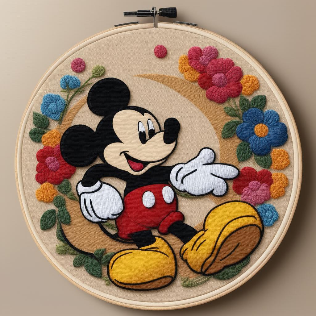 This is a high-quality, intricate embroidery art featuring Mickey Mouse on a wooden embroidery hoop