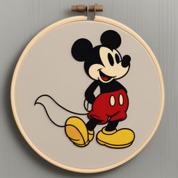 This is a high-quality, intricate embroidery art featuring Mickey Mouse on a wooden embroidery hoop