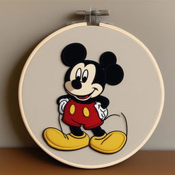 This is a high-quality, intricate embroidery art featuring Mickey Mouse on a wooden embroidery hoop