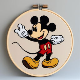 This is a high-quality, intricate embroidery art featuring Mickey Mouse on a wooden embroidery hoop