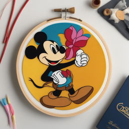 A high-quality Disney character embroidery on a classic wooden hoop