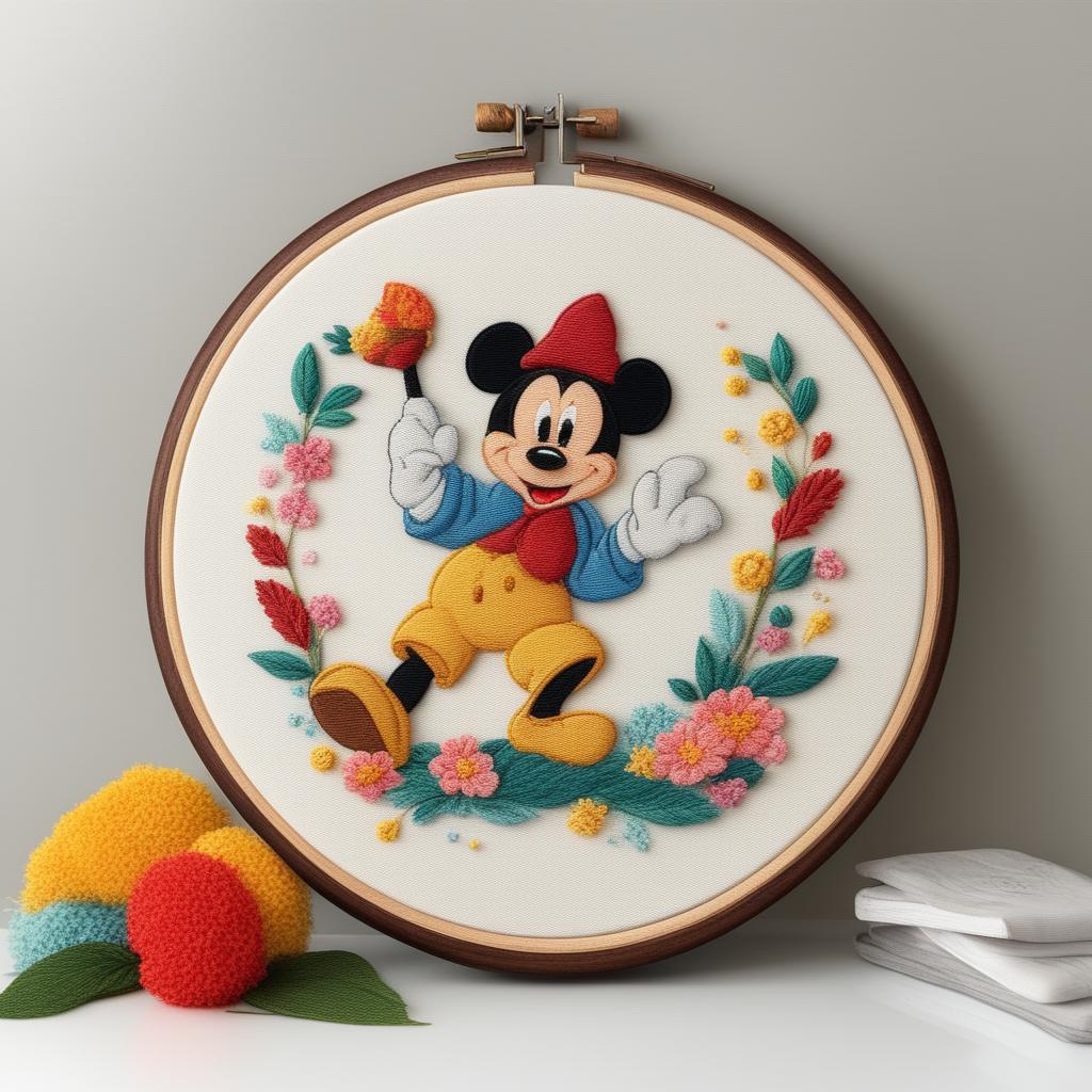 A high-quality Disney character embroidery on a classic wooden hoop