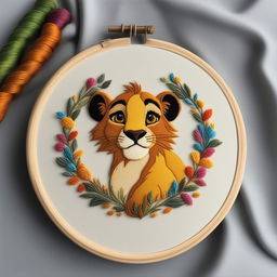 A high-quality image of an intricately embroidered depiction of Simba from Disney's The Lion King on a cream-colored linen held taut in an embroidery hoop