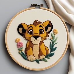 A high-quality image of an intricately embroidered depiction of Simba from Disney's The Lion King on a cream-colored linen held taut in an embroidery hoop