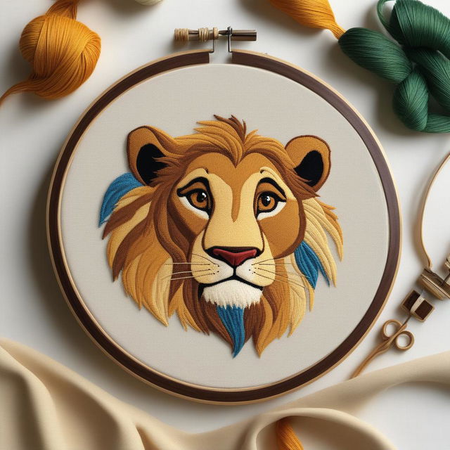 A high-quality image of an intricately embroidered depiction of Simba from Disney's The Lion King on a cream-colored linen held taut in an embroidery hoop