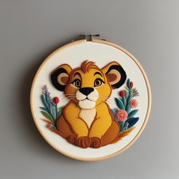 A high-quality image of an intricately embroidered depiction of Simba from Disney's The Lion King on a cream-colored linen held taut in an embroidery hoop