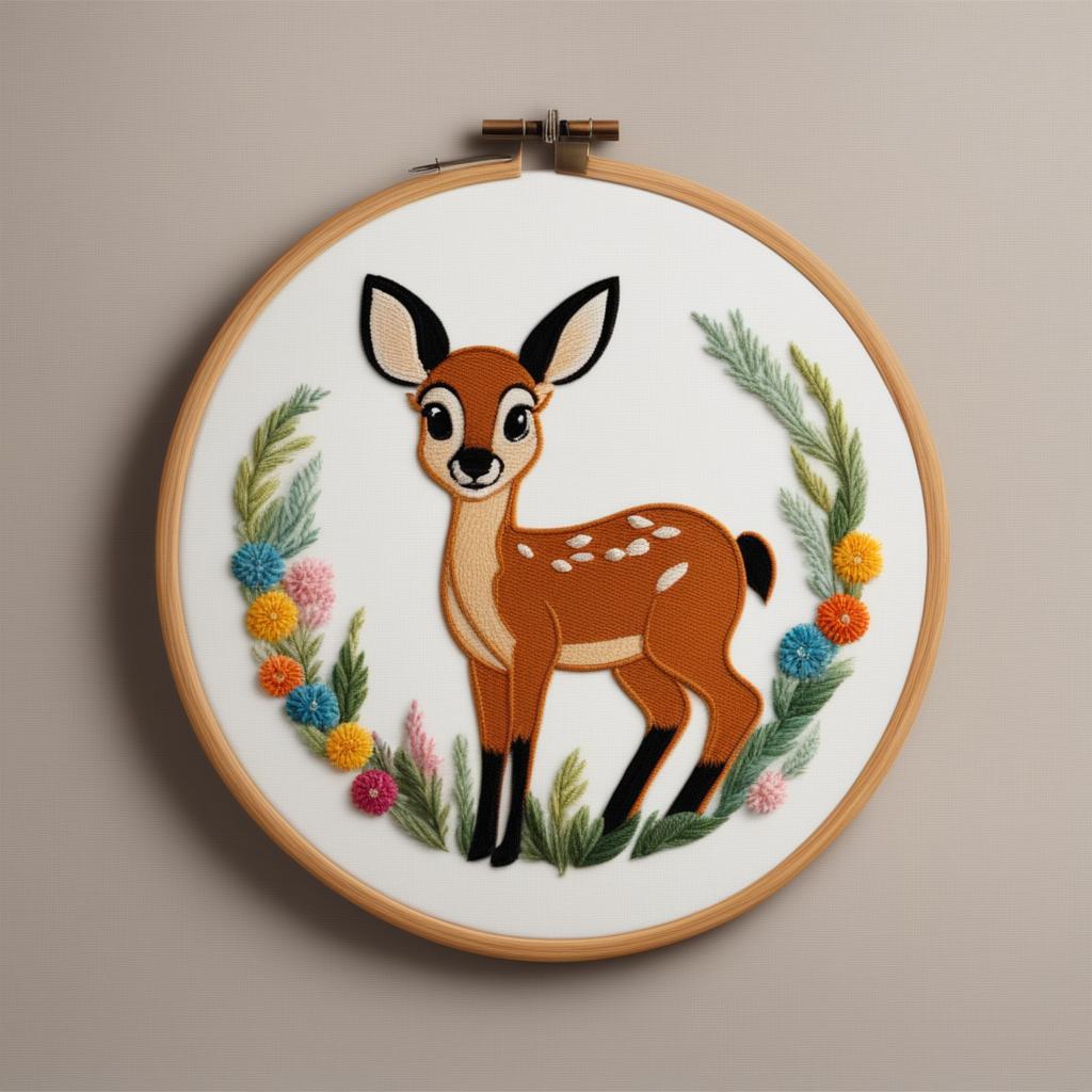 A high-resolution image of an intricate embroidery of Bambi from Disney's classic animation, set on an ivory linen held in an embroidery hoop