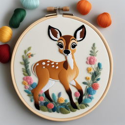 A high-resolution image of an intricate embroidery of Bambi from Disney's classic animation, set on an ivory linen held in an embroidery hoop