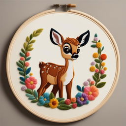 A high-resolution image of an intricate embroidery of Bambi from Disney's classic animation, set on an ivory linen held in an embroidery hoop