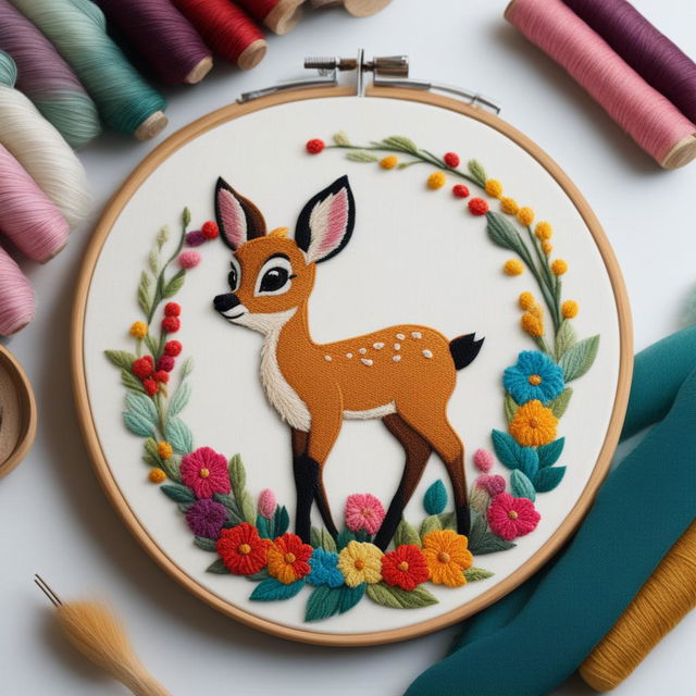 A high-resolution image of an intricate embroidery of Bambi from Disney's classic animation, set on an ivory linen held in an embroidery hoop