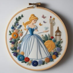 A high-definition image of an intricate embroidery of Cinderella from Disney's timeless fairy tale, set on a pure white linen held in an embroidery hoop