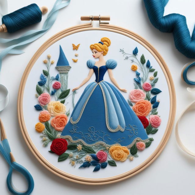 A high-definition image of an intricate embroidery of Cinderella from Disney's timeless fairy tale, set on a pure white linen held in an embroidery hoop