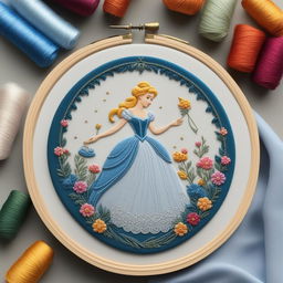 A high-definition image of an intricate embroidery of Cinderella from Disney's timeless fairy tale, set on a pure white linen held in an embroidery hoop