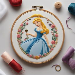 A high-definition image of an intricate embroidery of Cinderella from Disney's timeless fairy tale, set on a pure white linen held in an embroidery hoop