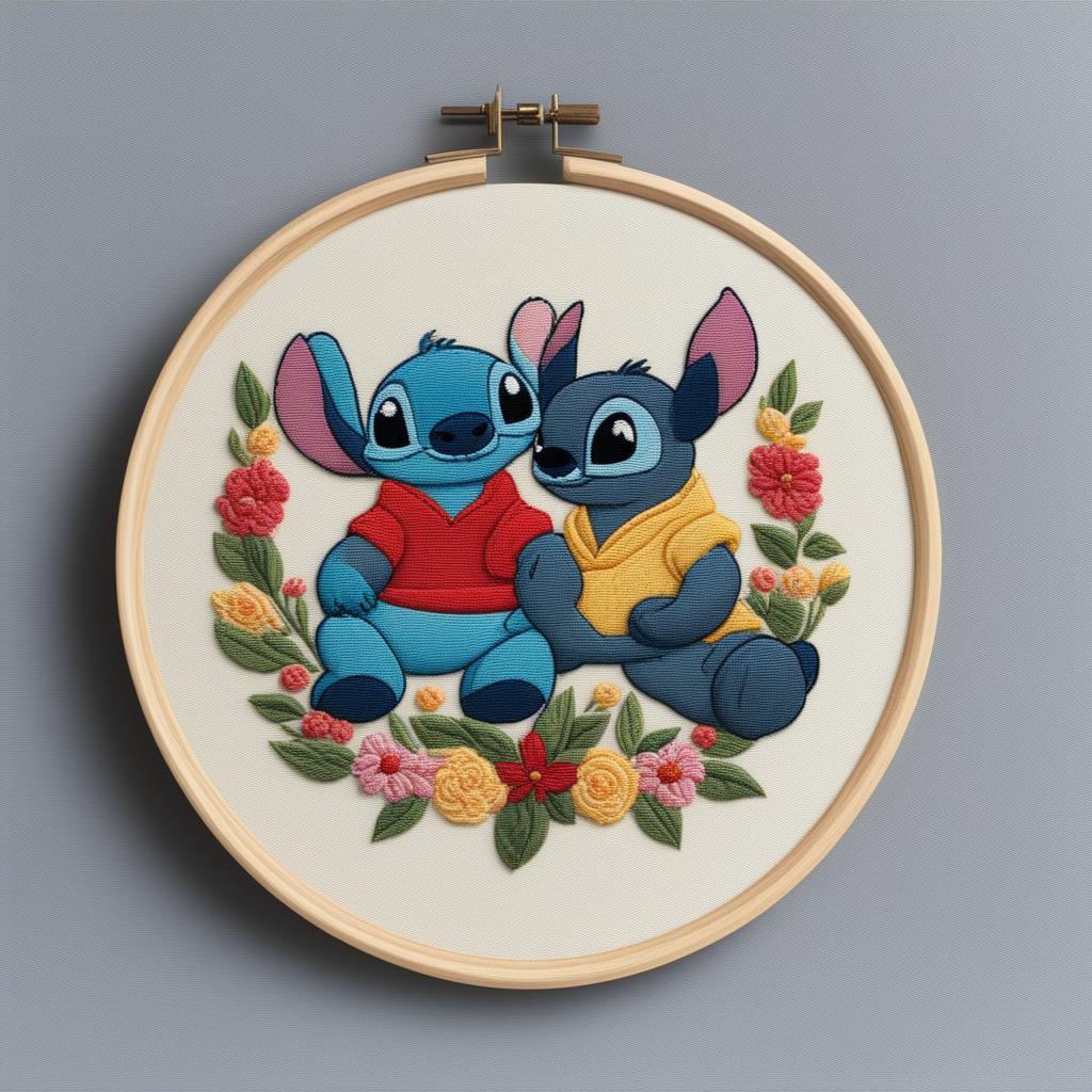 A high-resolution image of an intricate embroidery of Lilo and Stitch from Disney's beloved animation, set on an off-white linen held in an embroidery hoop