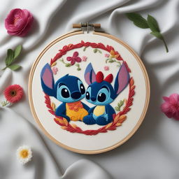 A high-resolution image of an intricate embroidery of Lilo and Stitch from Disney's beloved animation, set on an off-white linen held in an embroidery hoop