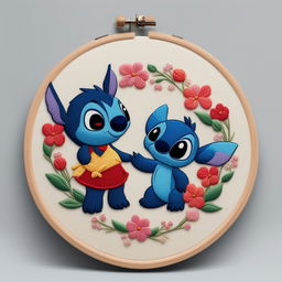 A high-resolution image of an intricate embroidery of Lilo and Stitch from Disney's beloved animation, set on an off-white linen held in an embroidery hoop