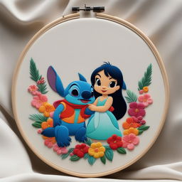 A high-resolution image of an intricate embroidery of Lilo and Stitch from Disney's beloved animation, set on an off-white linen held in an embroidery hoop