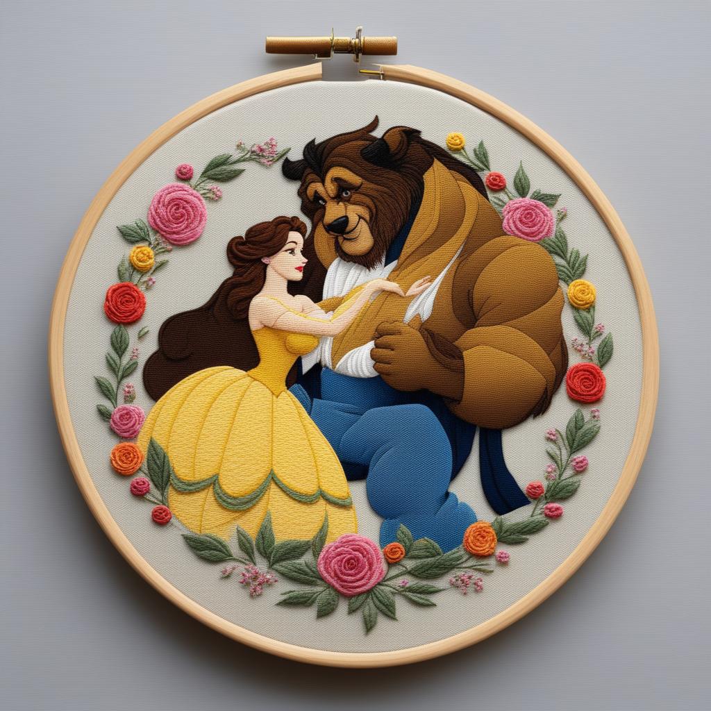 A high-quality image of an intricate embroidery of Belle and the Beast from Disney's classic fairy tale, set on an eggshell linen held in an embroidery hoop