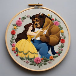 A high-quality image of an intricate embroidery of Belle and the Beast from Disney's classic fairy tale, set on an eggshell linen held in an embroidery hoop