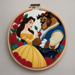 A high-quality image of an intricate embroidery of Belle and the Beast from Disney's classic fairy tale, set on an eggshell linen held in an embroidery hoop