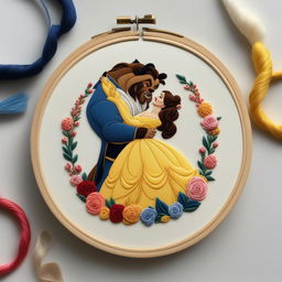 A high-quality image of an intricate embroidery of Belle and the Beast from Disney's classic fairy tale, set on an eggshell linen held in an embroidery hoop