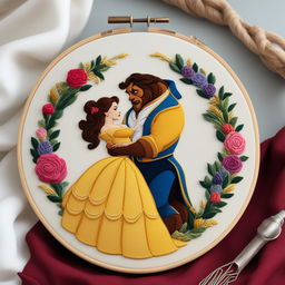 A high-quality image of an intricate embroidery of Belle and the Beast from Disney's classic fairy tale, set on an eggshell linen held in an embroidery hoop