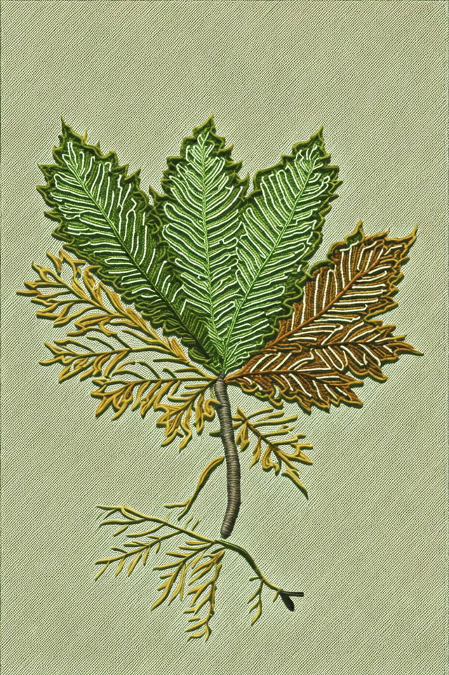 A 32k HD digital image showcasing a detailed, realistic leaf as the subject of an embroidery artwork