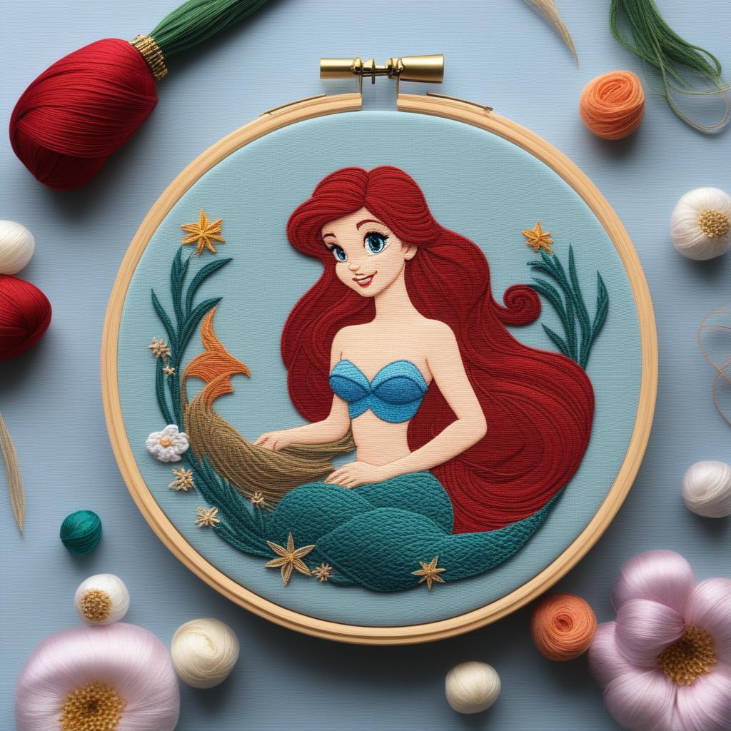 A high-quality image of an intricate embroidery of Ariel from Disney's The Little Mermaid, set on a pale blue linen held in an embroidery hoop