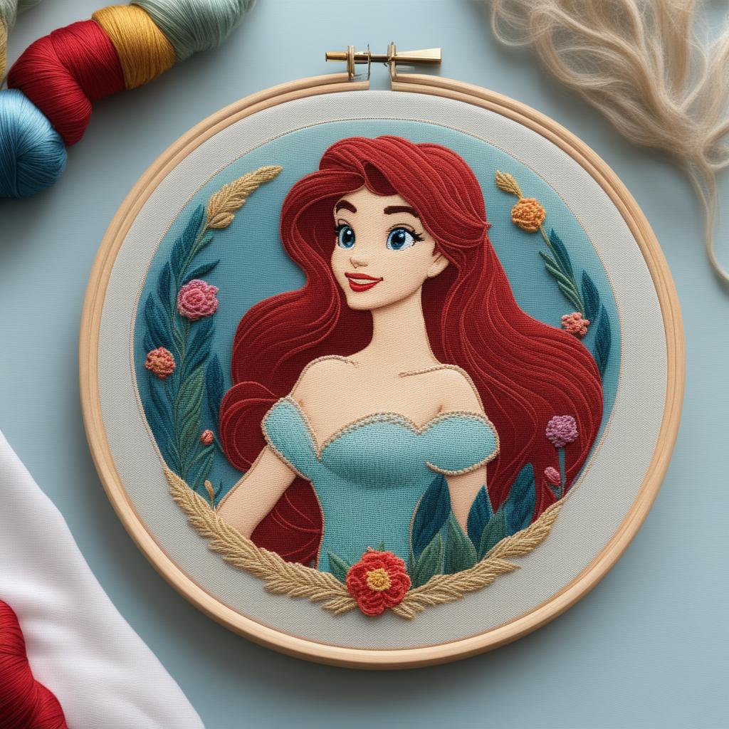 A high-quality image of an intricate embroidery of Ariel from Disney's The Little Mermaid, set on a pale blue linen held in an embroidery hoop