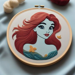 A high-quality image of an intricate embroidery of Ariel from Disney's The Little Mermaid, set on a pale blue linen held in an embroidery hoop