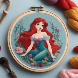 A high-quality image of an intricate embroidery of Ariel from Disney's The Little Mermaid, set on a pale blue linen held in an embroidery hoop