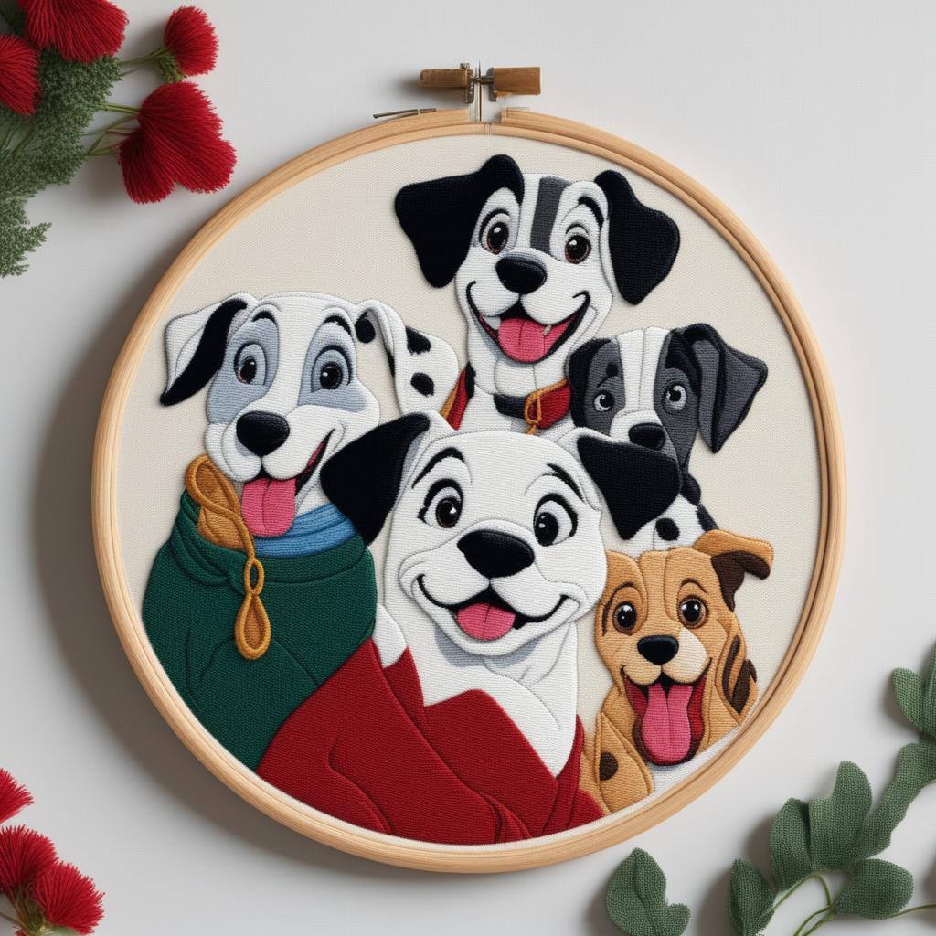 A high-resolution image of an intricate embroidery of the playful puppies from Disney's 101 Dalmatians, set on a white linen held in an embroidery hoop