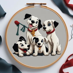 A high-resolution image of an intricate embroidery of the playful puppies from Disney's 101 Dalmatians, set on a white linen held in an embroidery hoop