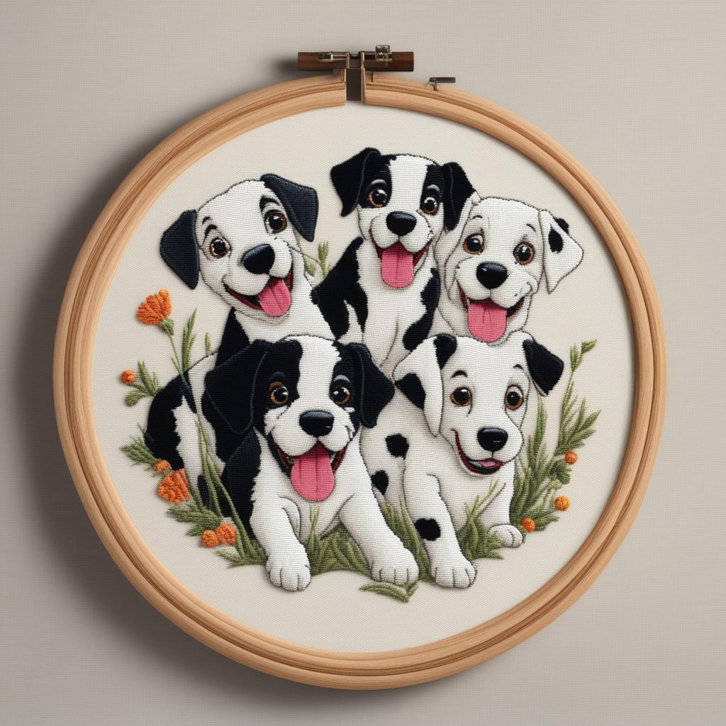 A high-resolution image of an intricate embroidery of the playful puppies from Disney's 101 Dalmatians, set on a white linen held in an embroidery hoop