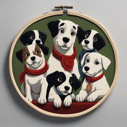 A high-resolution image of an intricate embroidery of the playful puppies from Disney's 101 Dalmatians, set on a white linen held in an embroidery hoop